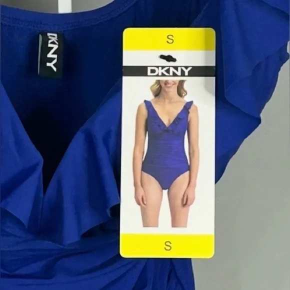 DKNY Blue Ruffle One Piece Swimsuit Ruched Tummy Control Size Small NWT - Picture 3 of 6